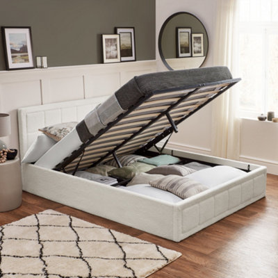 Ottoman Bed Frame Double White Boucle Storage Bed - No Mattress