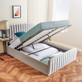 Ottoman Bed Frame Velvet Padded Upholstered Double Storage Bed With Hybrid Mattress