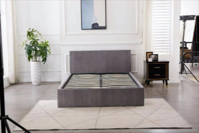 Ottoman Bed Gas Lift Storage Grey 4ft Small Double Line Pattern Velvet Bedroom
