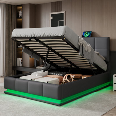 Ottoman Lift Storage Bed with LED Lighting, PU Faux Leather Upholstered ...