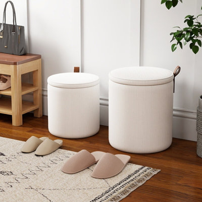 Ottoman Set of 2 Nesting Upholstered Vanity Stools-Beige Round