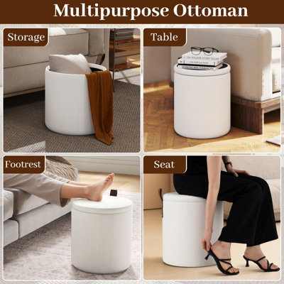 Ottoman Set of 2 Nesting Upholstered Vanity Stools-Beige Round