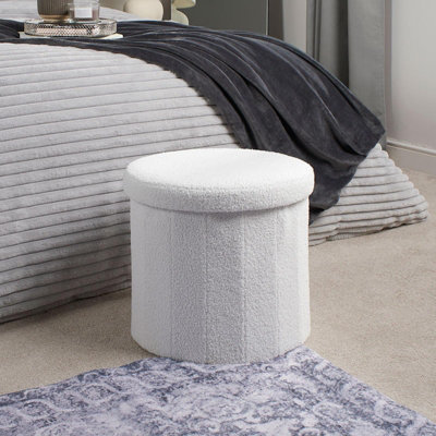 Ottoman Storage Box Folding Footstool Space Saving Boucle Teddy, Round