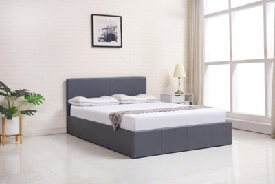 Ottoman Storage Leather Bed Side Lift Grey 4FT6 Double Bed