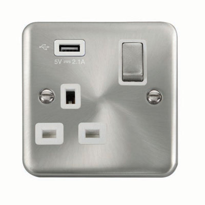 Our Curved Edge Satin / Brushed Chrome 1 Gang 13A DP Ingot 1 USB Switched Plug Socket - White Trim - SE Home