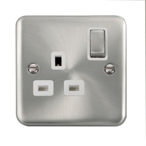 Our Curved Edge Satin / Brushed Chrome 1 Gang 13A DP Ingot Switched Plug Socket - White Trim - SE Home