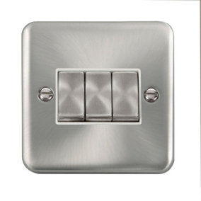 Our Curved Edge Satin / Brushed Chrome 10A 3 Gang 2 Way Ingot Light Switch - White Trim - SE Home