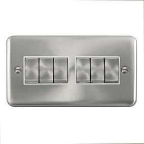 Our Curved Edge Satin / Brushed Chrome 10A 6 Gang 2 Way Ingot Light Switch - White Trim - SE Home
