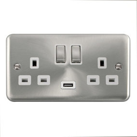 Our Curved Edge Satin / Brushed Chrome 2 Gang 13A DP Ingot 1 USB Twin Double Switched Plug Socket - White Trim - SE Home
