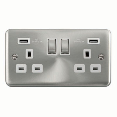 Our Curved Edge Satin / Brushed Chrome 2 Gang 13A DP Ingot 2 USB Twin Double Switched Plug Socket - White Trim - SE Home