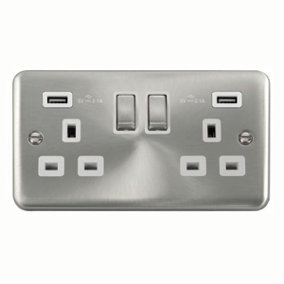 Our Curved Edge Satin / Brushed Chrome 2 Gang 13A DP Ingot 2 USB Twin Double Switched Plug Socket - White Trim - SE Home