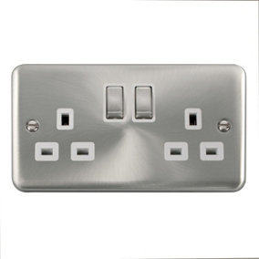 Our Curved Edge Satin / Brushed Chrome 2 Gang 13A DP Ingot Twin Double Switched Plug Socket - White Trim - SE Home