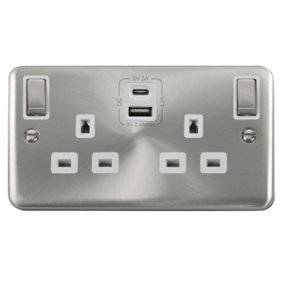Our Curved Edge Satin / Brushed Chrome 2 Gang 13A DP Ingot Type A & C USB Twin Double Switched Plug Socket - White Trim - SE Home