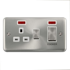 Our Curved Edge Satin / Brushed Chrome Cooker Control Ingot 45A With 13A Switched Plug Socket & 2 Neons - White Trim - SE Home