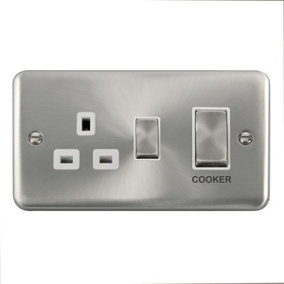 Our Curved Edge Satin / Brushed Chrome Cooker Control Ingot 45A With 13A Switched Plug Socket - White Trim - SE Home