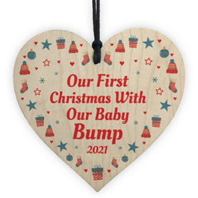 Our First Christmas With Bump Bauble Wood Heart New Baby Mum Dad Gift