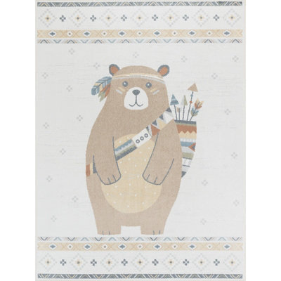 OURSIGENE Kids Machine Washable Beige/Brown Bedroom Area Rug 160 x 213 cm