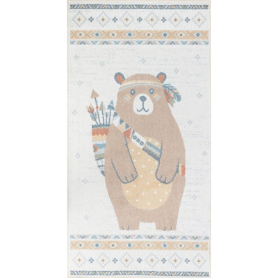 OURSIGENE Kids Machine Washable Beige/Brown Bedroom Area Rug 80 x 150 cm