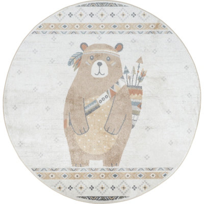 OURSIGENE Round Kids Machine Washable Beige/Brown Bedroom Area Rug 160 x 160 cm