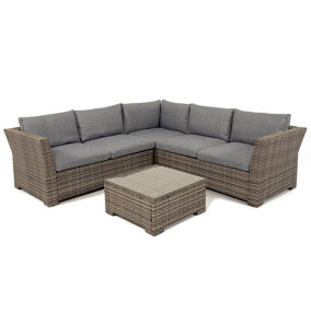 OUT & OUT Chesterton Outdoor Lounge Set- 5 Seats-  Removable Cushions Garden Rattan- Natural/ Grey