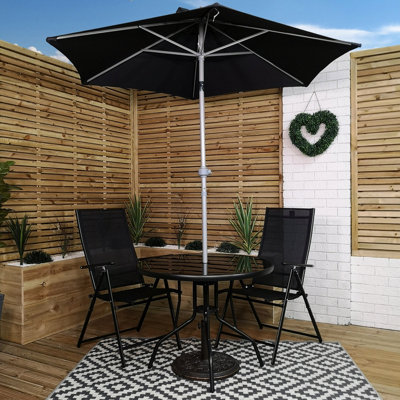 Outdoor 2 Person Round Glass Top Garden Patio Dining Table Chairs Black Parasol and Base Set DIY at B Q