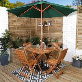 Outdoor 4 Person Folding Square Wooden Garden Patio Dining Table Chairs Parasol and Base Set