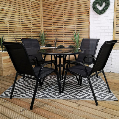 Outdoor 4 Person Round Glass Top Garden Patio Dining Table Chairs Set