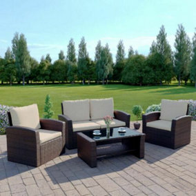 Outdoor 4 Seater 2+1+1 Brown Rattan Garden Sofa Set With Cream Cushions & Coffee Table, FREE RAIN COVER