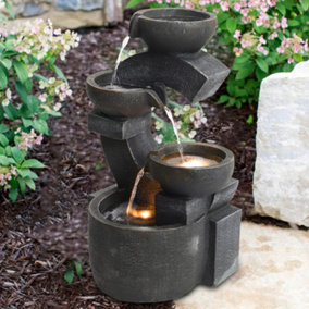 Outdoor 4 Tier Grey Bowl Cascading Electric Water Feature Fountain with LED Light for Garden H 47 cm