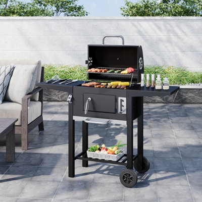 Outdoor  Black Portable BBQ Grill Garden Camping Charcoal Grill with Side Tables 106.5cm H