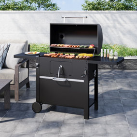 Outdoor Black Portable BBQ Grill Garden Camping Charcoal Grill with Side Tables and Smoke Stack 127cm H