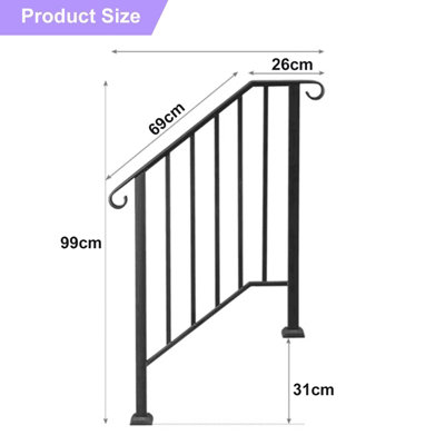 Outdoor Black Steel Handrail 2 Steps Garden Stairs Safety Grab Bannister Rail - 4