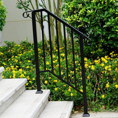 Outdoor Black Steel Handrail 2 Steps Garden Stairs Safety Grab Bannister Rail - 7