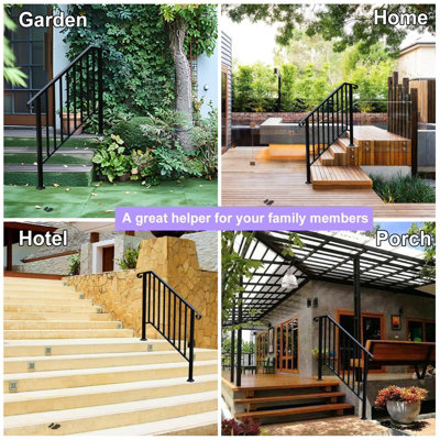 Outdoor Black Steel Handrail 3 Steps Garden Stairs Safety Grab Bannister Rail