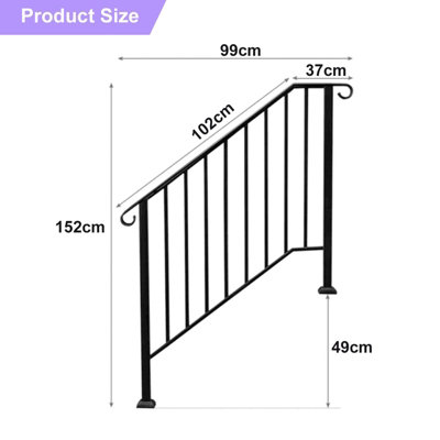 Outdoor Black Steel Handrail 3 Steps Garden Stairs Safety Grab Bannister Rail - 4