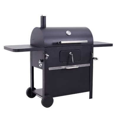 Outdoor Carbon Steel Grill with Smoke Stack and Wheels Black