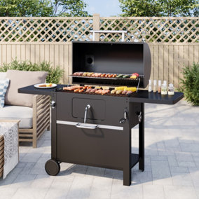 Outdoor Carbon Steel Grill with Smoke Stack and Wheels Black