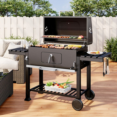 Outdoor Charcoal Barbeque Trolley Smoker Grill BBQ Cooker with Wheels and Side Table 160 cm