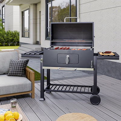 Outdoor Charcoal Barbeque Trolley Smoker Grill BBQ Cooker with Wheels and Side Table 160 cm