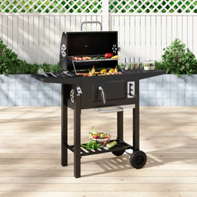 Outdoor Charcoal BBQ Grill with Lid Cover and Side Tables, Black