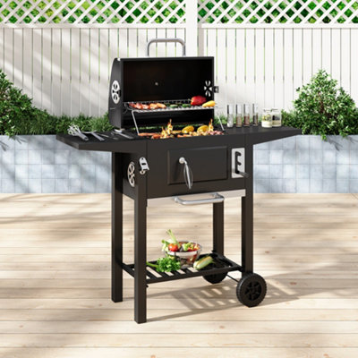 Outdoor Charcoal BBQ Grill with Lid Cover Wheels and Side Tables Black ...