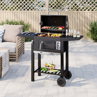 Outdoor Charcoal BBQ Grill with Lid Cover Wheels and Side Tables Black