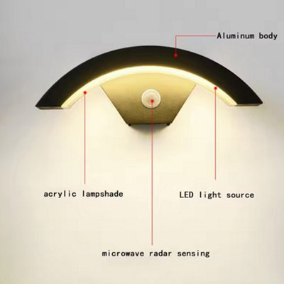 Outdoor Curved LED Wall Light PIR Motion Sensor Lamp Modern Outside ...