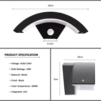 Outdoor Curved LED Wall Light with PIR Motion Sensor Modern Exterior ...