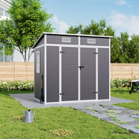 Outdoor Double Door Storage Shed with Floor and Windows, Light Grey, 183cm H