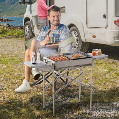 Outdoor Folding BBQ Rectangular Stainless Steel Foldable Pedestal Charcoal Barbecue Grill - Silver