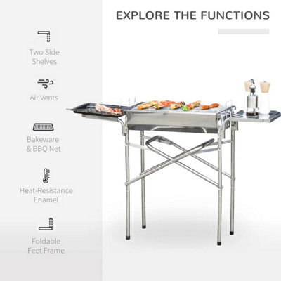 Outdoor Folding BBQ Rectangular Stainless Steel Foldable Pedestal Charcoal Barbecue Grill - Silver - 3