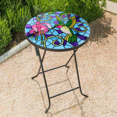 Outdoor Folding Side table with Mosaic Hummingbird Glass Top