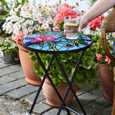 Outdoor Folding Side table with Mosaic Hummingbird Glass Top
