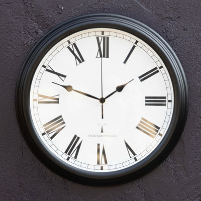 Outdoor Garden Clock Black Perfect Time Radio Controlled 38cm